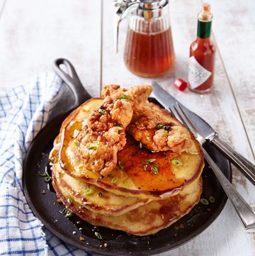 chicken and corn bread pancakes with spicy syrup