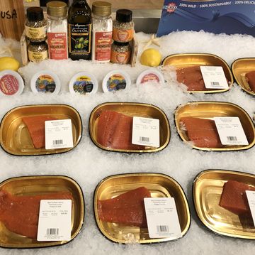 sustainable wild sockeye salmon on ice at wegmans grocery store, boston, massachusetts